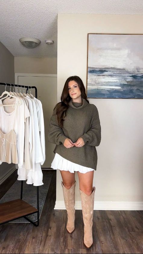 Swim Too Deep Turtleneck Sweater curated on LTK Sweater Satin Skirt Outfit, Fall White Boots Outfit, Cruise Casual Outfits Dinner, Winter Outfits With Cowgirl Boots, Sweater With Shorts Outfit, Tunic Sweater Outfits, Mom Fits, White Boots Outfit, 2024 Wardrobe