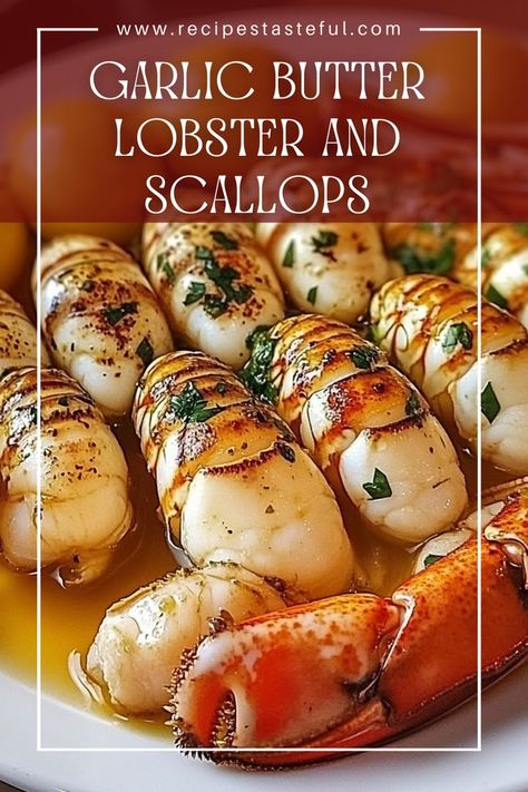 Deliciously tender lobster tails and perfectly seared scallops, drenched in a rich garlic butter sauce, making for an indulgent seafood feast that’s perfect for special occasions or a cozy dinner at home. Garlic Butter Lobster And Scallops, Seafood Christmas Dinner Ideas, Corn Nuggets Recipe, Garlic Butter Lobster, Butter Lobster, Make Garlic Butter, Poached Lobster, Seafood Dish Recipes, Seafood Feast