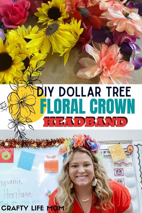 DIY Floral Headband Silk Flower Crown Diy, Diy Flower Crown Headband, Diy Burlap Wreath Tutorial, Diy Floral Crown, Dollar Tree Flowers, Silk Flower Crown, Flower Headband Diy, Flower Head Wreaths, Burlap Wreath Tutorial