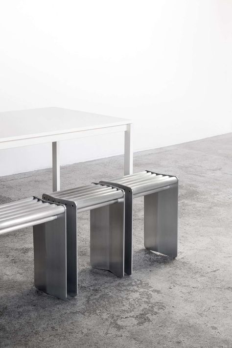 5052 Seating System – Minimalissimo Modular Commercial Seating, Stainless Steel Furniture Design, Futuristic Lounge, Deco Furniture Design, Steel Aesthetic, Tube Chair, Stainless Steel Bench, Steel Furniture Design, System Furniture