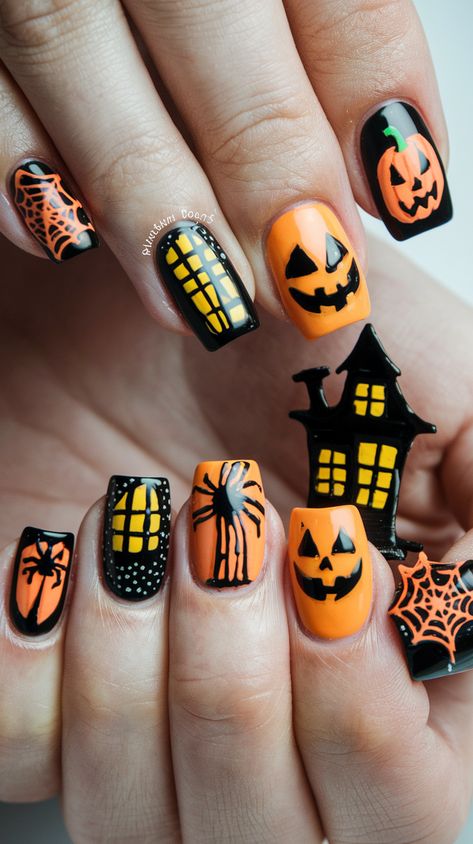 Cute and Creepy Halloween Nail Art Ideas Nails Square Christmas, Haunted House Themes, Christmas Nails Square, Square Christmas Nails, Nails Designs Christmas, House Themes, Halloween Nail Art Designs, Daisy Acrylic Nails, Family Motivation