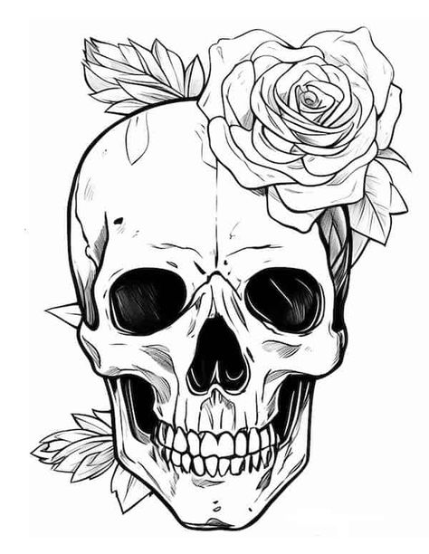 65 Beautiful Rose Coloring Pages For Kids And Adults - Our Mindful Life Skull Design Drawing, Skull Coloring Pages Free Printable, Skull Coloring Pages For Adults, Skull Printables, Free Printable Coloring Pages For Adults, Tattoo Coloring Pages For Adults, Simple Skull Drawing, Goth Coloring Pages, Skull Line Art