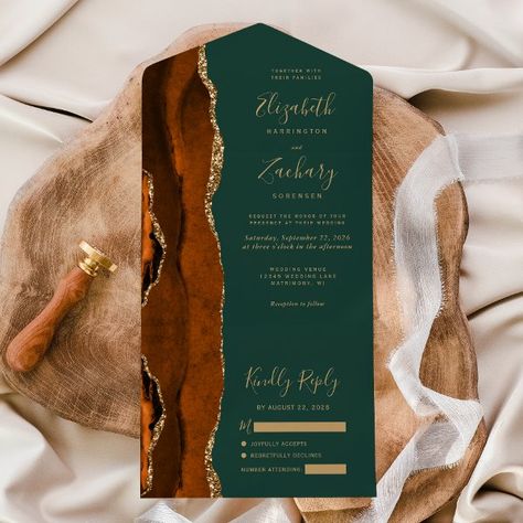 Modern Rust Gold Agate Hunter Green Wedding All In One Invitation Hunter Green Wedding, Orange Wedding Invitations, Rusting Wedding, Stationery Ideas, Handwriting Script, Elegant Modern Wedding, Meal Options, Afternoon Wedding, Emerald Green Weddings