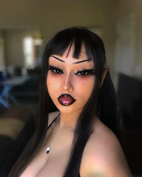 Black Women Goth Makeup, Cute Lil Face Tattoos, Spring Summer 2023 Nail Trends, Goth Bratz Makeup, All Black Vampire Outfit, Alt Birthday Makeup, Dark Alt Makeup, Black Women Vampire, Cross Makeup Look