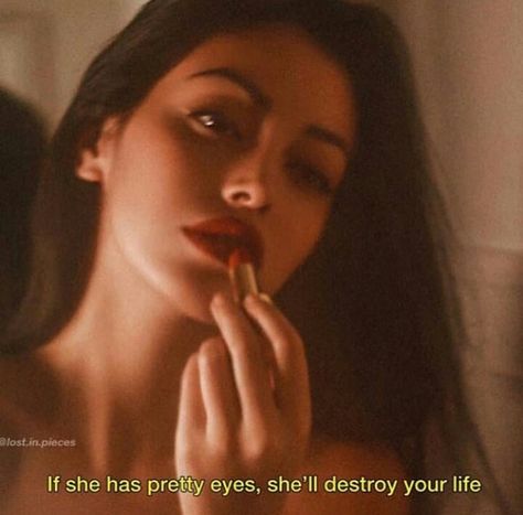 If she has pretty eyes, she'll destroy your life. | #lines #caption #quote Green Eyes Captions Instagram, Captions For Eyes Instagram, Devil Quotes, Caption For Girls, Eye Quotes, Feminine Energy Aesthetic, Madding Crowd, Bad Girl Quotes, Falling In Love Quotes