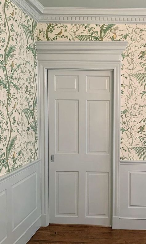 Wallpaper And Colored Trim, Wallpaper And Crown Molding, Paneling With Wallpaper Above, Dining Room With Wainscoting And Wallpaper, Wallpaper With Colored Trim, Wallpaper In Molding Squares, Contrasting Wall And Trim, English Wainscoting Ideas, Wall Trim And Wallpaper