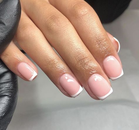 French Nails Round Square, Bride Nails Wedding Elegant French Short, Natural Pink French Manicure, Slim French Tip Nails Short, Square Round French Tip Acrylic Nails, Sqaire French Tip Nails, Short Straight French Tip Nails, Light Pink With White Tip Nails, Pink And White Shirt Nails