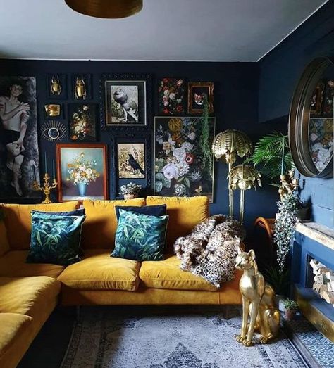 Our favorite dark, dreamy, moody, dramatic living rooms, bedrooms, bathrooms, homes Gothic Living Room, Create A Gallery Wall, Dark Living Rooms, Yellow Sofa, Dark Home Decor, Yellow Home Decor, Dark Home, Maximalist Decor, Dreamy Room