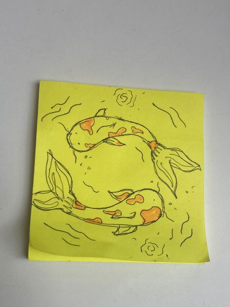 Sketch Doodles Easy, Koi Fish Doodle Simple, Cute Post It Note Drawings, Doodle With Highlighters, Post It Drawings Sketch, Sticky Note Drawings Doodles Easy, Easy Drawing Fish, Things To Draw On Post It Notes, Small Things To Paint Easy