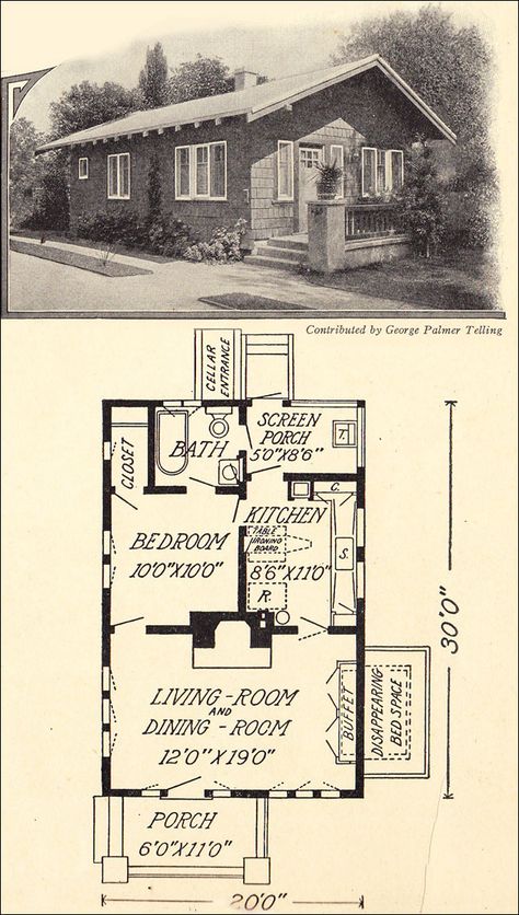 1914 Cottage Bungalow that could work today -- 600 sq ft. Like the floorplan for a lake view home. Would move FP to lake side so could be seen from kitchen and bedroom if bedroom has pocket doors. Vintage Small House, Cottage Bungalow, Tiny House Luxury, Small Cottages, Cottages And Bungalows, Vintage House Plans, Tiny House Floor Plans, Tiny Cottage, Bungalow House Plans