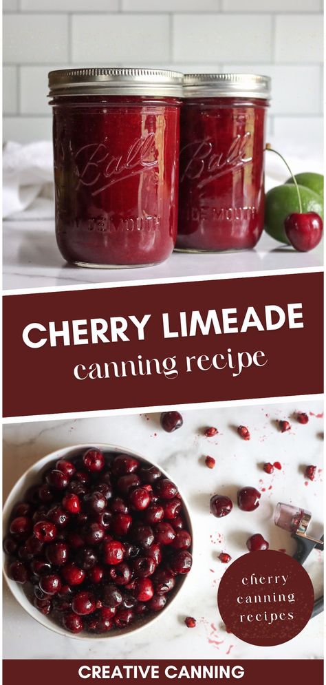 Experience the refreshingly sweet and tangy combination of cherries and limes with our cherry limeade recipe. Part of our cherry canning recipes, this homemade limeade is a unique way to preserve and enjoy cherries at their best, offering a delicious drink you can enjoy year-round. Lime Canning Recipes, Canning Cherry Juice, Cherry Extract Recipes, Homemade Cherry Limeade, Unique Canning Recipes, Cherry Canning Recipes, Homesteading Essentials, Homemade Limeade, Canning Cherries