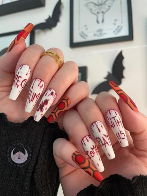 Horror Movie Acrylic Nails, Pinhead Nails, Halloween Nails Horror Movies, Horror Theme Nails, Horror Film Nails, Christmas Horror Nails, Horror Movie Nail Designs, Horror Valentines Nails, The Shining Nails