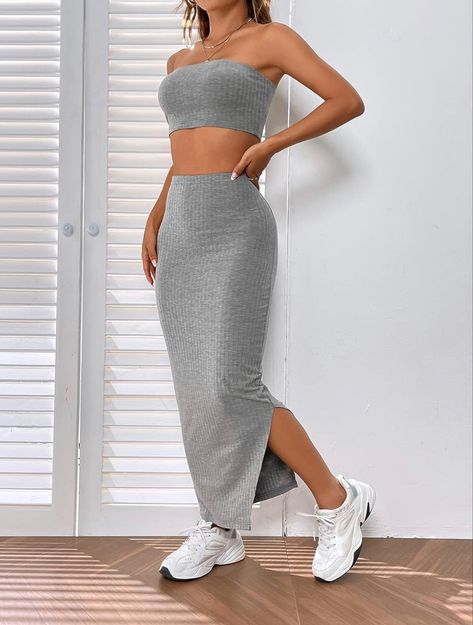 Paid link Summer Two Piece Outfits, Summer Two Piece, Split Hem Skirt, Two Piece Outfits, Strapless Crop Top, 90s Fashion Outfits, Knit Midi Skirt, Hem Skirt, Gray Skirt