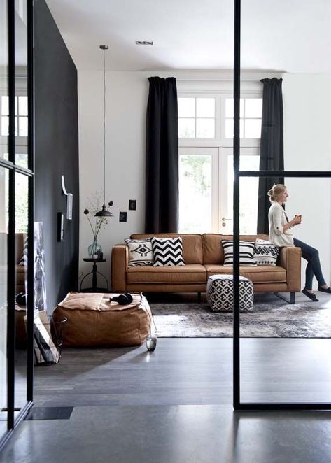 Black and grey with warm camel colors combination - kitchen color pallet Tan Sofa, Tan Leather Sofas, Trendy Living Rooms, Black Curtains, Brown Living Room, Grey Flooring, Brown Sofa, Design Del Prodotto, Living Room Grey