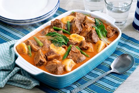 Creamy Beef Puchero | Recipes | Create with Cream Pochero Recipe Beef, Beef Pochero, Beef Caldereta, Philippine Cuisine, Bulgogi Recipe, Pork N Beans, Creamy Mushroom Sauce, How To Cook Beef, Green Beans And Tomatoes