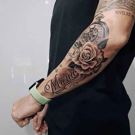 Tattoos For Guys Leg Calf, Rose Tattoo Men Stencil, Mom Name Tattoo Designs, Name Sleeve Tattoos For Men, Half Sleeve Name Tattoo For Men, Name Tattoo With Roses Forearm, Name Forearm Tattoo, Name Tattoos For Women Forearm, Roses With Names Tattoos For Men