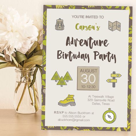 Adventure Birthday Invite Instant Download, Hiking Birthday Card, Explorer Birthday Invitation, Camping Birthday Invitation, Explorer Party  #etsy #birthday #hikingbirthdaycard #explorerparty #adventurebirthday #explorerbirthday #birthdayinvitation Natural Birthday Party, Hiking Birthday, Explorer Party, Camping Birthday Invitations, Printable Tree, Nature Party, Adventure Party, Camping Birthday Party, Camping Birthday