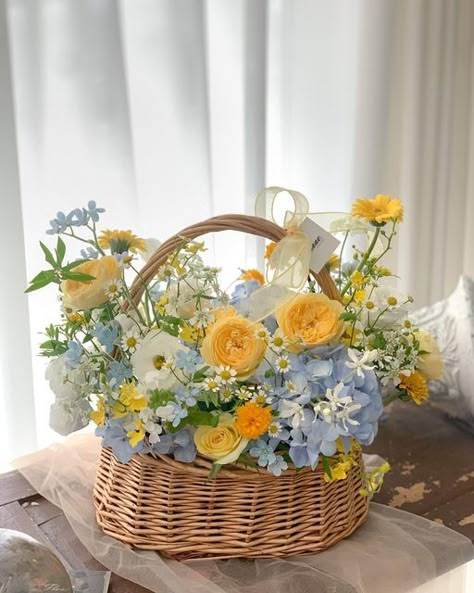 Flower Arrangement For Birthday, Yellow Pink Blue Flower Arrangement, Floral Arrangements In Baskets, Picnic Basket Flower Arrangement, Wicker Basket Flower Arrangements, Flowers In Baskets Floral Arrangements, Blue And Yellow Floral Arrangements, Basket Arrangements Floral, Blue And Yellow Flower Arrangements