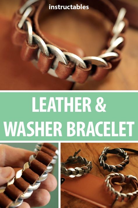 It's really easy to make this woven leather band and washer bracelet. #jewelry #leatherworking #jewelrymaking #upcycle Bracelet En Cuir Diy, Washer Bracelet, Diy En Cuir, Washer Jewelry, Diy Leather Bracelet, Leather Jewelry Diy, Hardware Jewelry, Diy Jewelry Holder, Easy Diy Jewelry