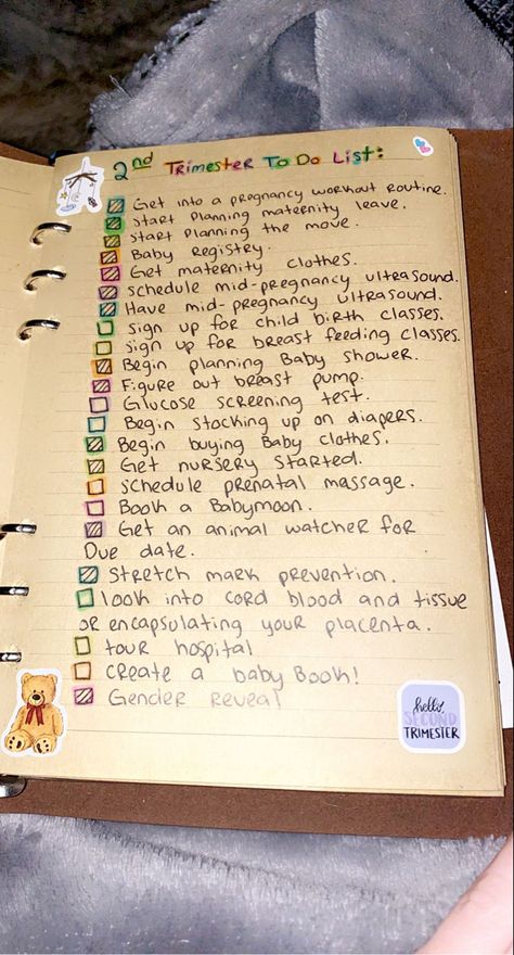 DIY pregnancy journal second trimester To Do list. Pregnancy Bullet Journal Ideas, Pregnancy Planning Timeline, Pregnancy Timeline To Do List, Pregnancy Journal Prompts, Second Trimester To Do List, Pregnancy Journal Diy, Pregnancy Bucket List, Pregnancy Journal Ideas, First Time Pregnancy Announcement Ideas