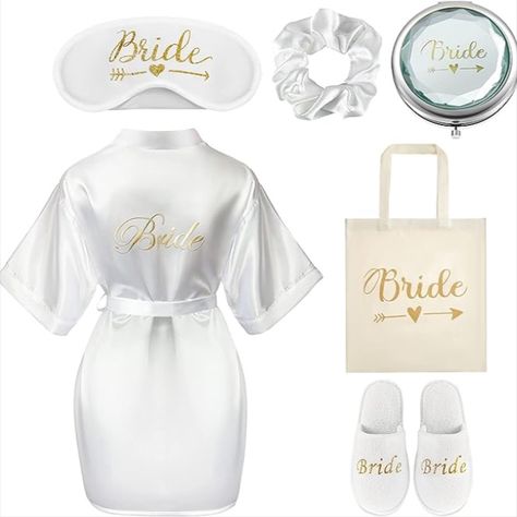 6 Pcs Bride Gifts Bride Dressing Gown Set, White Bride Robe Bride Canvas Bag Bride Slippers Sleep Eye Mask Soft Hair Scrunchie Makeup Mirror Gift Box for Wedding Day or hen party White Satin Robe, Gift Box For Wedding, Proposal Gift Ideas, Bride Dressing Gown, Bride Slippers, Bridesmaids Proposal, Hen Party Accessories, Wedding Wine Glasses, Spa Slippers