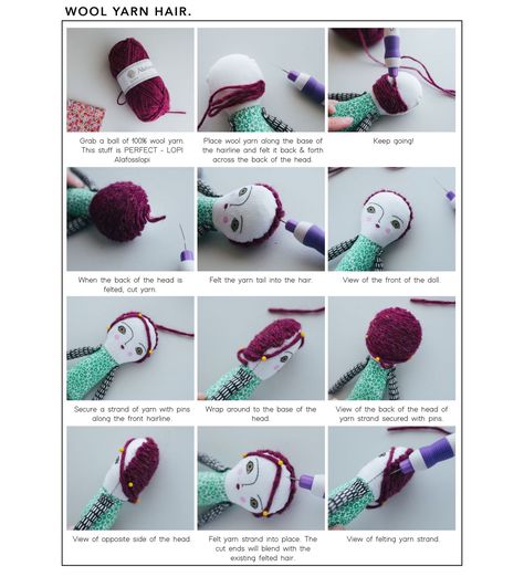 Greta Pocket Doll Hair Tutorial - Kyla Something Doll Hair Tutorial, Pocket Doll, Roving Wool, Chocolate Swirl, Felt Wool, Easy Sewing Patterns, Needle Felt, Doll Hair, Doll Pattern