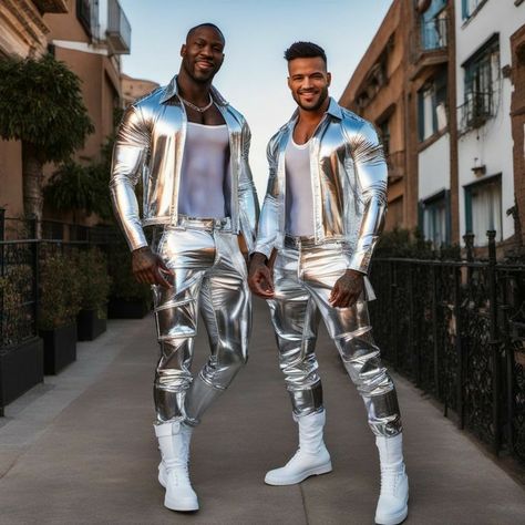 Gay Guy Outfits, Gay Club Outfit, Horror Images, Satin Clothing, Beautiful Guys, Silver Pants, Outfit Hombre, Black Dude, Genderless Fashion