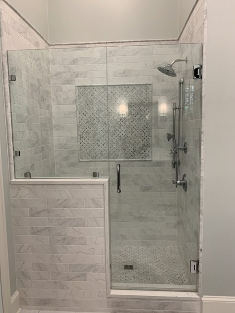 Marble Tile Shower Tilebar, Marble Shower Grey Floor, Cultured Marble Shower With Tile Accent, Marble Shower Walls Dark Floor, Cultured Marble Shower Walls Master Bath, Marble Master Bath, Restroom Remodel, Bathroom Showers, Bathroom Upgrade