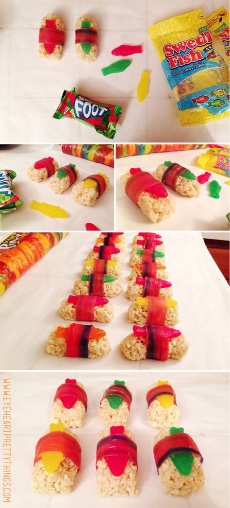 Candy Sushi Rolls, Naruto Birthday, Candy Sushi, Dessert Sushi, Ninja Birthday Parties, Ninja Birthday, Sushi Party, Fruit Roll, Diy Candy