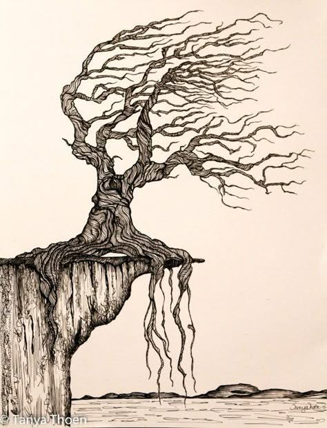 Ink Drawing, "Aged to Perfection", wind blown tree poised on a cliff Drawing Of A Tree, Wind Drawing, Image Zen, Tree Drawings Pencil, Tree Sketches, Aged To Perfection, Landscape Drawings, Tree Drawing, Tree Tattoo