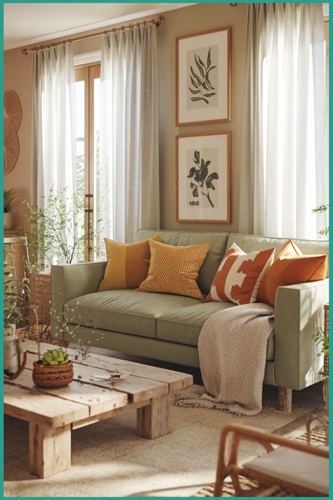 Cozy living room with a green sofa, colorful pillows, wooden coffee table, and nature-inspired wall art. Curtains For Green Sofa, Mint Green Couch Living Rooms, Living Room With Sage Green Couch, Light Green Couch Living Room Ideas, Sage Green Color Palette Living Room, Sage Sofa Living Room Decor, Sage Green Couch Living Room Ideas, Light Green Couch Living Room, Sage Couch Living Room