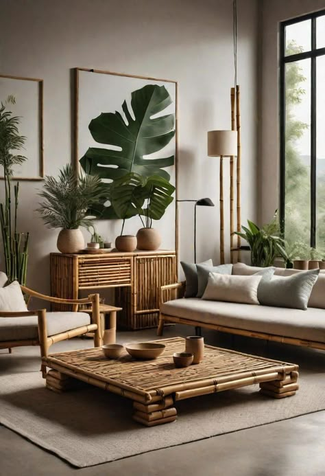 Eco Chic Decor, Interior Design Eco Friendly, Bamboo Living Room Decor, Bamboo Furniture Living Room, Eco Home Decor, Earth Color Living Room, Eco Friendly Home Decor, Bamboo Sofa Living Rooms, Sustainable Interior Design Eco Friendly