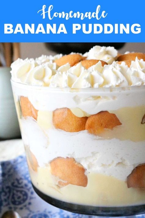 This Layered Banana Pudding Trifle with vanilla pudding, bananas, whipped cream, and Nilla Wafers comes together seamlessly for a beautiful, crowd-pleasing dessert. Easy to follow instructions and make-ahead tips! #bananapudding #trifle #dessert #partyfood #partydesserts #banana #pudding Layered Banana Pudding, Vanilla Wafer Banana Pudding, Pudding Trifle, Banana Pudding Trifle, Easy Banana Pudding Recipe, Pudding Desserts Recipes, Pudding Banana, Homemade Banana Pudding Recipe, Banana Pudding Desserts