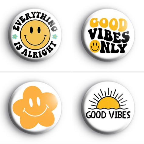 Positive & good vibes badges 💛 ☮️ Button Badge Design Ideas, Button Pin Design Ideas, Button Maker Ideas, Pin Badge Design, Button Badge Design, Event Design Branding, Pin Collection Displays, Pin Button Design, Pins Design