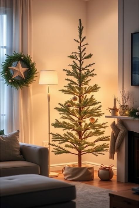 Slim Christmas Tree Decorating Ideas Cozy Dining Table, Seasonal Centerpieces, Twinkling String Lights, Personalized Place Cards, Twinkle String Lights, Slim Tree, Slim Christmas Tree, Christmas Tree Decorating Ideas, Tree Decorating Ideas