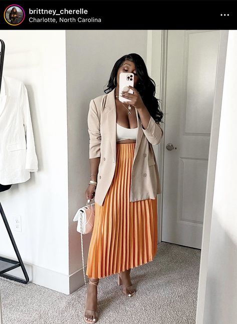 Pleated Orange Skirt Outfit, Long Skirt Outfits Professional, Shirt And Midi Skirt Outfit, Blazer And Pleated Skirt Outfit, Long Orange Skirt Outfit, Orange Pleated Skirt Outfit, Church Outfits Black Women, Blazer And Skirt Outfits, Orange Skirt Outfit