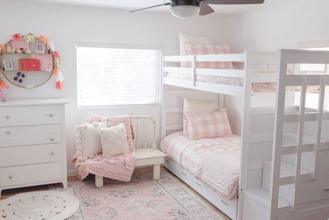 Corey from Hudson Farmhouse here with decorating your kid's room? Start with inspiration! I've shared my girls shared kids room with you. #kidsroom #kidsroomdesign #kidsroomstyle #homedecor #girlsroom . Farmhouse style and modern kids bedroom ideas and inspiration. Twin beds, canopy and all of the pillows! Rugs, bunk beds, and home decor. Farmhouse kids room ideas and inspiration. Little girls room ideas. Girls Bunkbed Bedroom Ideas, Bed For Girls Room, Sister Room, Shared Girls Room, Shared Girls Bedroom, Modern Kids Bedroom, Shared Bedroom, Clean Bedroom, Twin Bedroom