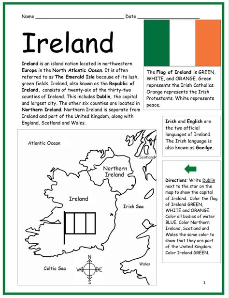 Worksheet with a simple map of Ireland. Ireland Worksheets Free Printable, Traveling Suitcase, Counties Of Ireland, Basic Geography, Geography Worksheets, Irish Catholic, Irish Language, Map Activities, Esl Resources