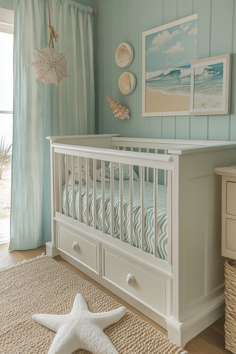 20 Seasonal Updates to Refresh Your Nursery Decor Coastal Nursery Girl, Unique Baby Furniture, Calming Nursery, Coastal Nursery, Calm Nursery, Ocean Horizon, Nursery Room Ideas, Chic Nursery, Cozy Rugs