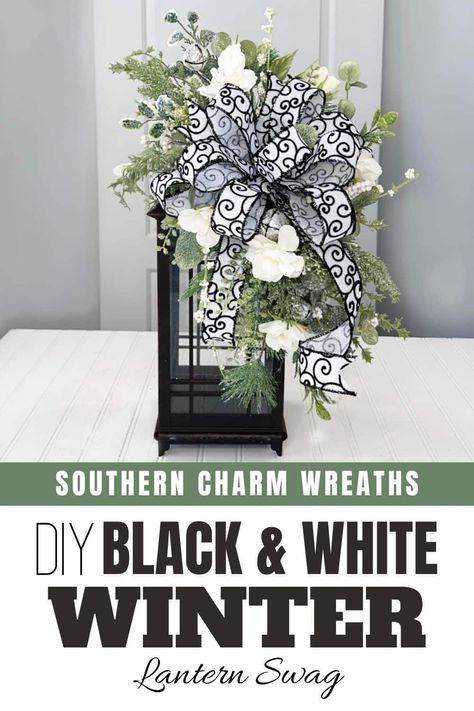 Learn how to create this black & white winter lantern swag made with glittery winter sprays, textured greenery, and tiny green berries. Diy Laterns, Wreath Making Business, White Lanterns, Black And White Ribbon, Black Lantern, Lantern Centerpieces, Floral Picks, Wreath Maker, Christmas Lanterns