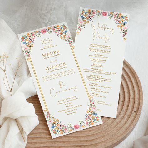 Colorful Garden Flowers Wildflower Wedding Program Meadow Garden, Wildflower Meadow, Spring Wildflowers, Wedding 2025, Foil Invitations, Ceremony Programs, Garden Party Wedding, Wildflower Wedding, Wedding Program