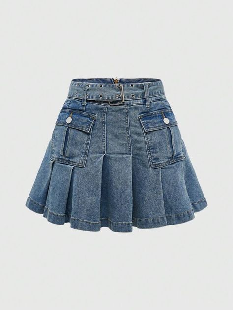 Denim Skirts Short, Denim Fringe Skirt, Y2k Jean Skirt, Skirt Over Jeans, Romwe Outfit, Sewing Denim, Cute Jean Skirt, Pleated Denim Skirt, Skirt Aesthetic