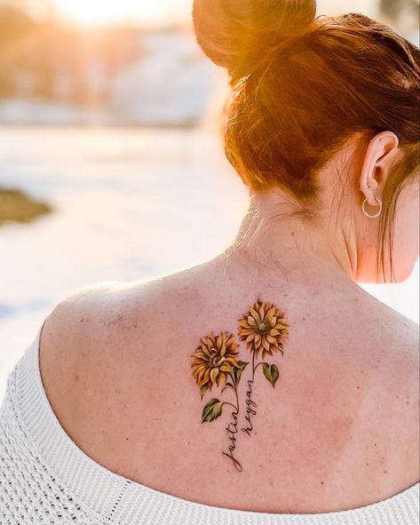 Sunflower, tattoo Sunflower With Names Tattoo, Sunflower Tattoos With Names, Tattoos Of Children Ideas, Tattoo Ideas For My Sons Name, Tattoo With Childs Name, Tattoo Ideas For Childs Name, Tattoo Ideas For Your Kids Names, Sunflower Tattoo With Kids Names, Sunflower With Name Tattoo