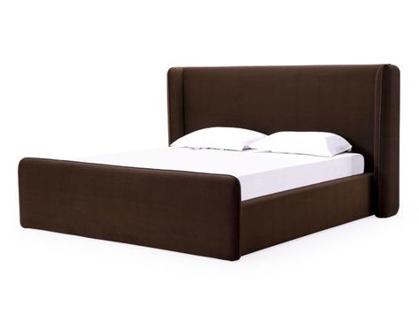 Rejuvenate your bedroom with the Modus Furniture Becall Queen Bed, characterized by its bold and modern design featuring thick block elements, rounded rectangles, and luxurious velvet upholstery. Crafted from 100% polyester, the rich brown velvet upholstery ensures both style and easy cleaning. This platform bed provides sturdy support with metal center rails, metal center legs, and wooden cross slats, eliminating the need for a box spring. Experience cozy relaxation with the shelter-bed style h Modus Furniture, Eastern King Bed, Wingback Bed, Wingback Headboard, Velvet Bed, Headboard Designs, Upholstered Platform Bed, Bedroom Furniture Beds, Bed Styling