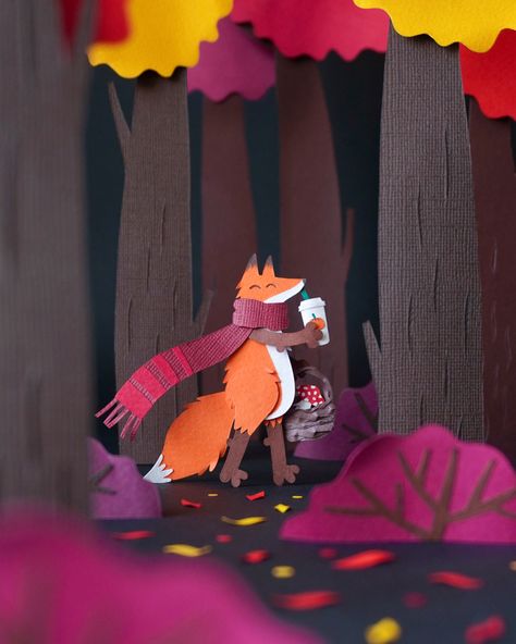 Paper red fox in the autumn forest Paper Craft Work, Fall Paper Crafts, Autumn Paper, Paper Artwork, Halloween Paper, Paper Cutout, Paper Artist, Craft Work, Paper Collage