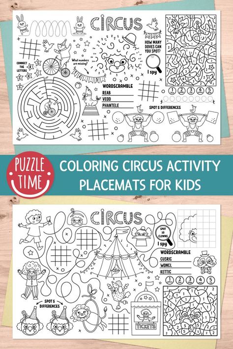 Kindergarten Circus Activities, Circus Week, Circus Activities, Placemats For Kids, Carnival Activities, Daycare Curriculum, Teacher Crafts, Activity Placemat, Birthday Party Game