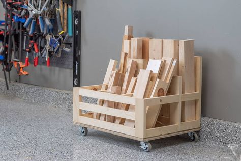 Build an easy scrap wood storage cart to organize all the scrap wood. Diy Scrap Wood Storage, Wood Storage Cart, Scrap Wood Storage, Diy Scrap Wood, Wood Bin, Wood Cart, Wood Storage Rack, Storage Cart, Workshop Storage