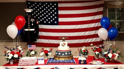 Celebrate your Marine’s achievements with a patriotic flair! 🇺🇸✨ Get inspired by star-spangled decor ideas perfect for a Marine graduation party. 🎉🎖️ #MarinePride #PatrioticParty #GraduationDecor #DIYPartyIdeas Pilot Graduation Party Ideas, Inauguration Party Ideas, Inauguration Decoration Ideas, Inauguration Party, Marine Graduation, Patriotic Bunting, Retirement Decorations, Military Retirement, Farewell Parties