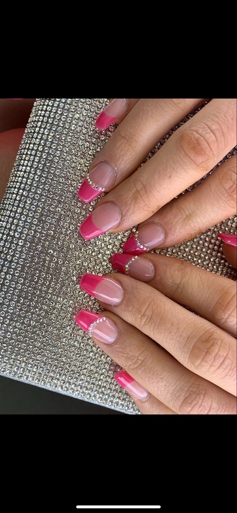 Pink Hoco Accessories, Pink B Day Nails, Hot Pink French Tips With Rhinestones, Nails To Go With A Hot Pink Dress, Hot Pink French Tip Nails With Gems, Hot Pink Nails For Homecoming, Hot Pink Nails Birthday, Prom Nails With Pink Dress, Hoco Nails Hot Pink