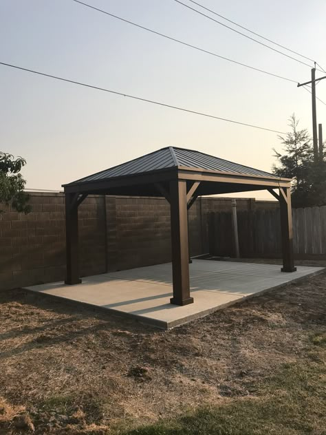 We have a gazebo! Love it! Patio And Gazebo Ideas, Plants Around Gazebo, Black Gazebo, Rectangular Gazebo, Yard Transformation, Garden Huts, Brick Pathway, Gazebo Ideas, Outdoor Covered Patio